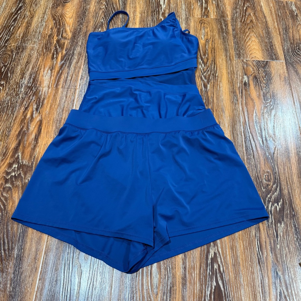 Bleu Rod Beattie Blue One Piece Swimsuit 8 & Coldwater Creek Shorts 14 Set M